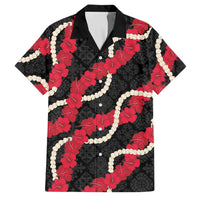 Aloha Ula'ula Hibiscus Pikake Lei Family Matching Tank Maxi Dress and Hawaiian Shirt Hawaiian Quilt Pattern LT9 Dad's Shirt - Short Sleeve Black - Polynesian Pride