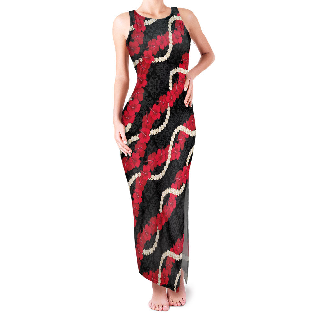 Aloha Ula'ula Hibiscus Pikake Lei Family Matching Tank Maxi Dress and Hawaiian Shirt Hawaiian Quilt Pattern LT9 Mom's Dress Black - Polynesian Pride