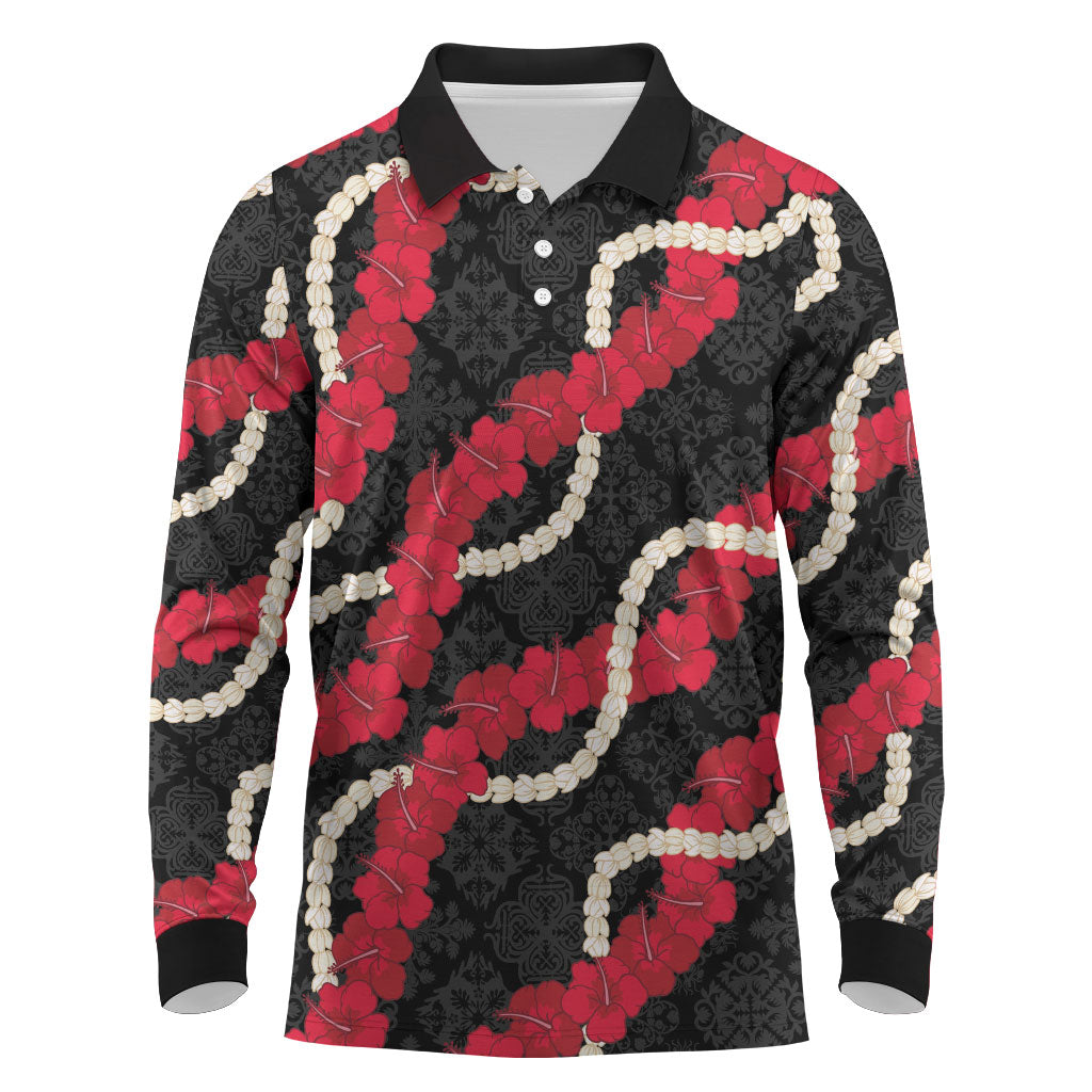 Aloha Ula'ula Hibiscus Pikake Lei Long Sleeve Polo Shirt Hawaiian Quilt Pattern