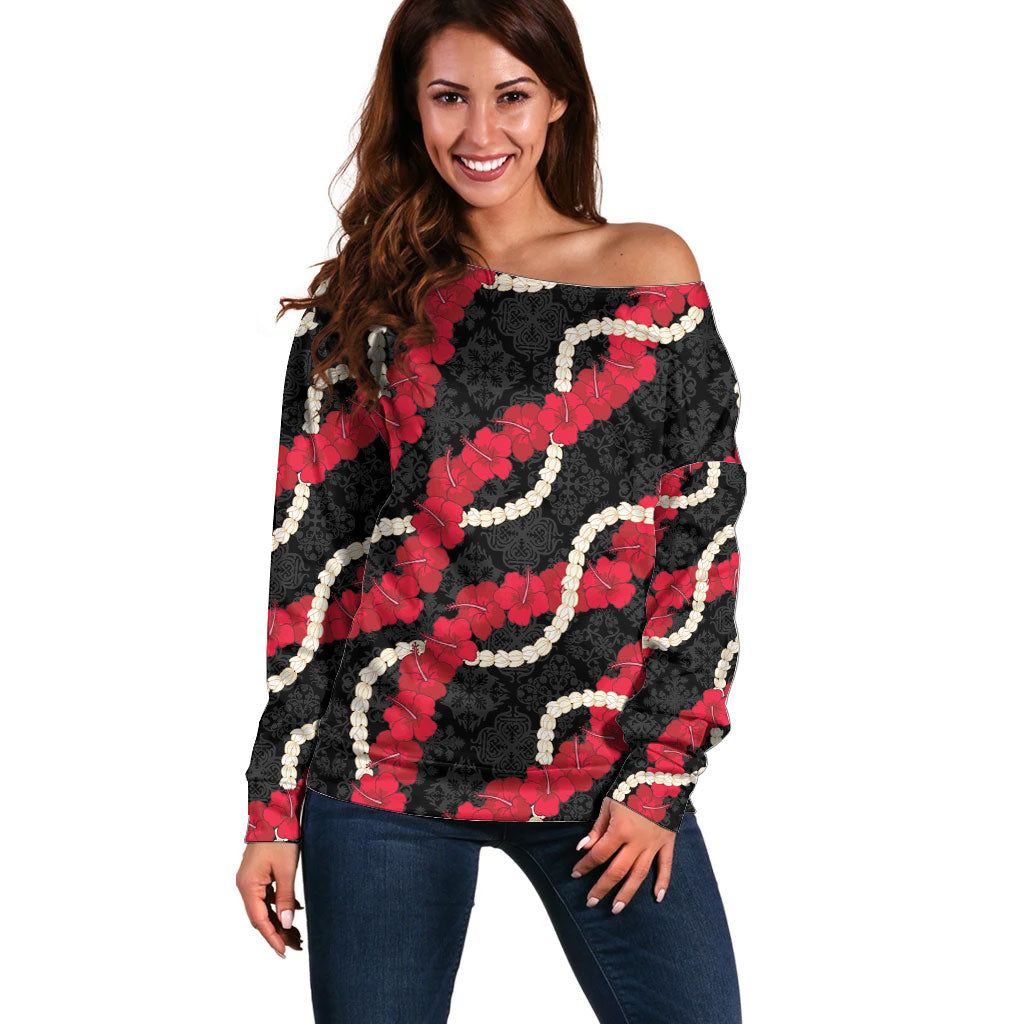 Aloha Ula'ula Hibiscus Pikake Lei Off Shoulder Sweater Hawaiian Quilt Pattern
