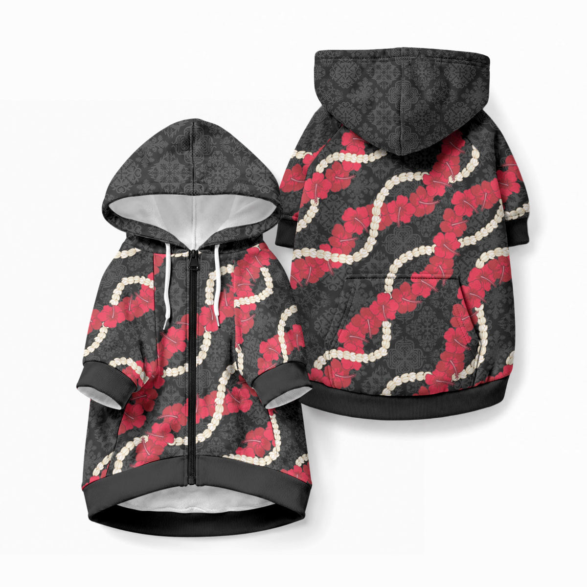Aloha Ula'ula Hibiscus Pikake Lei Pet Hoodie Hawaiian Quilt Pattern LT9 Zip-up Black - Polynesian Pride