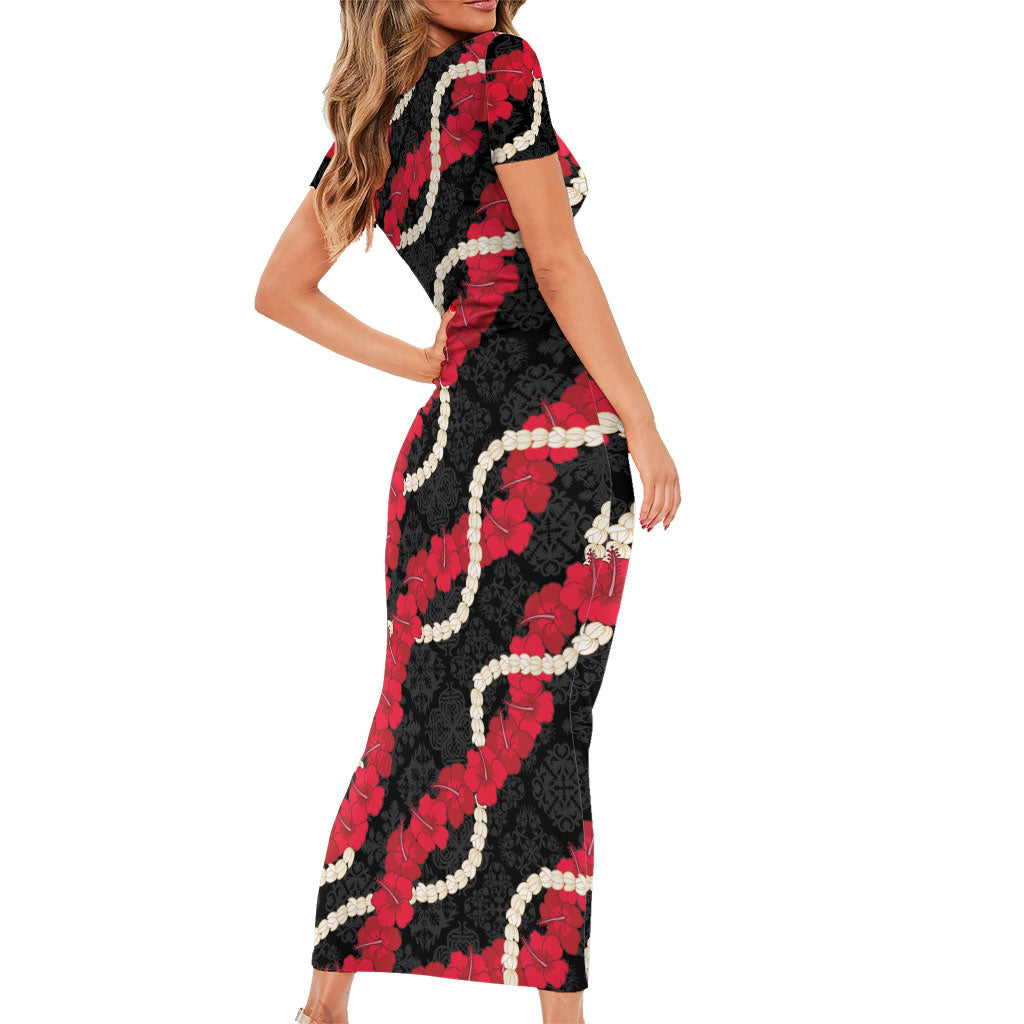 Aloha Ula'ula Hibiscus Pikake Lei Short Sleeve Bodycon Dress Hawaiian Quilt Pattern