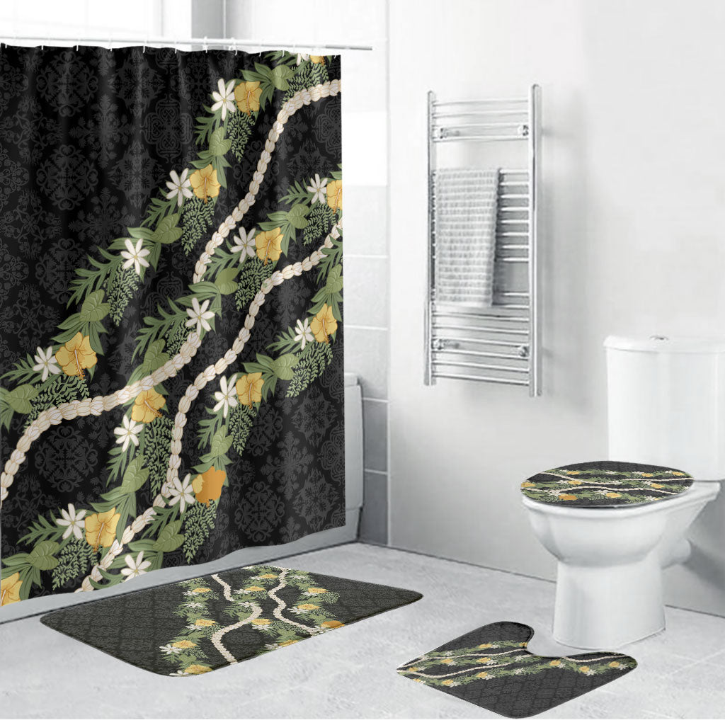 Puakenikeni Anthurium Pikake Lei Bathroom Set Hawaiian Quilt Pattern LT9 Bathroom Set (4 pcs) Black - Polynesian Pride