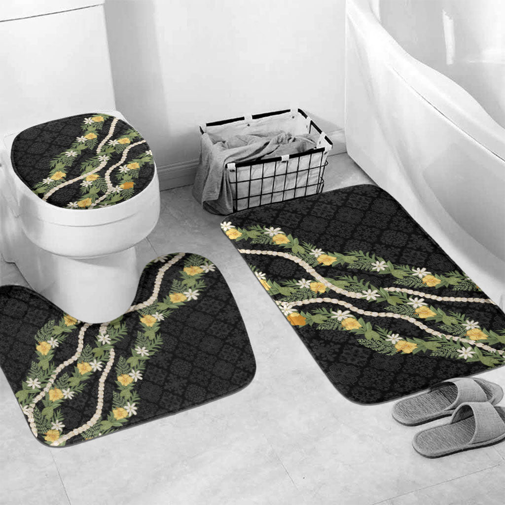 Puakenikeni Anthurium Pikake Lei Bathroom Set Hawaiian Quilt Pattern LT9 Mat Set Only (3 pcs) One Size Black - Polynesian Pride