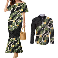 Puakenikeni Anthurium Pikake Lei Couples Matching Mermaid Dress and Long Sleeve Button Shirt Hawaiian Quilt Pattern