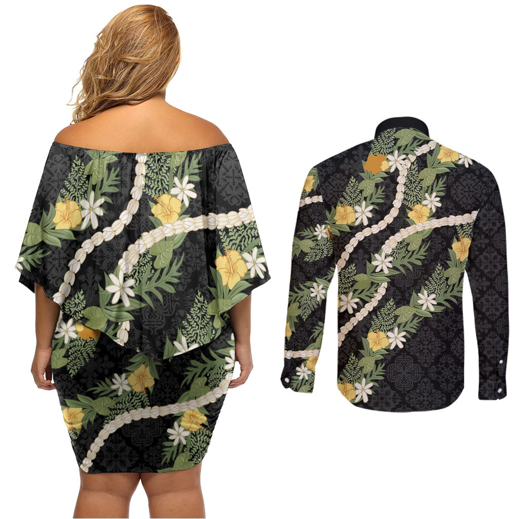 Puakenikeni Anthurium Pikake Lei Couples Matching Off Shoulder Short Dress and Long Sleeve Button Shirt Hawaiian Quilt Pattern