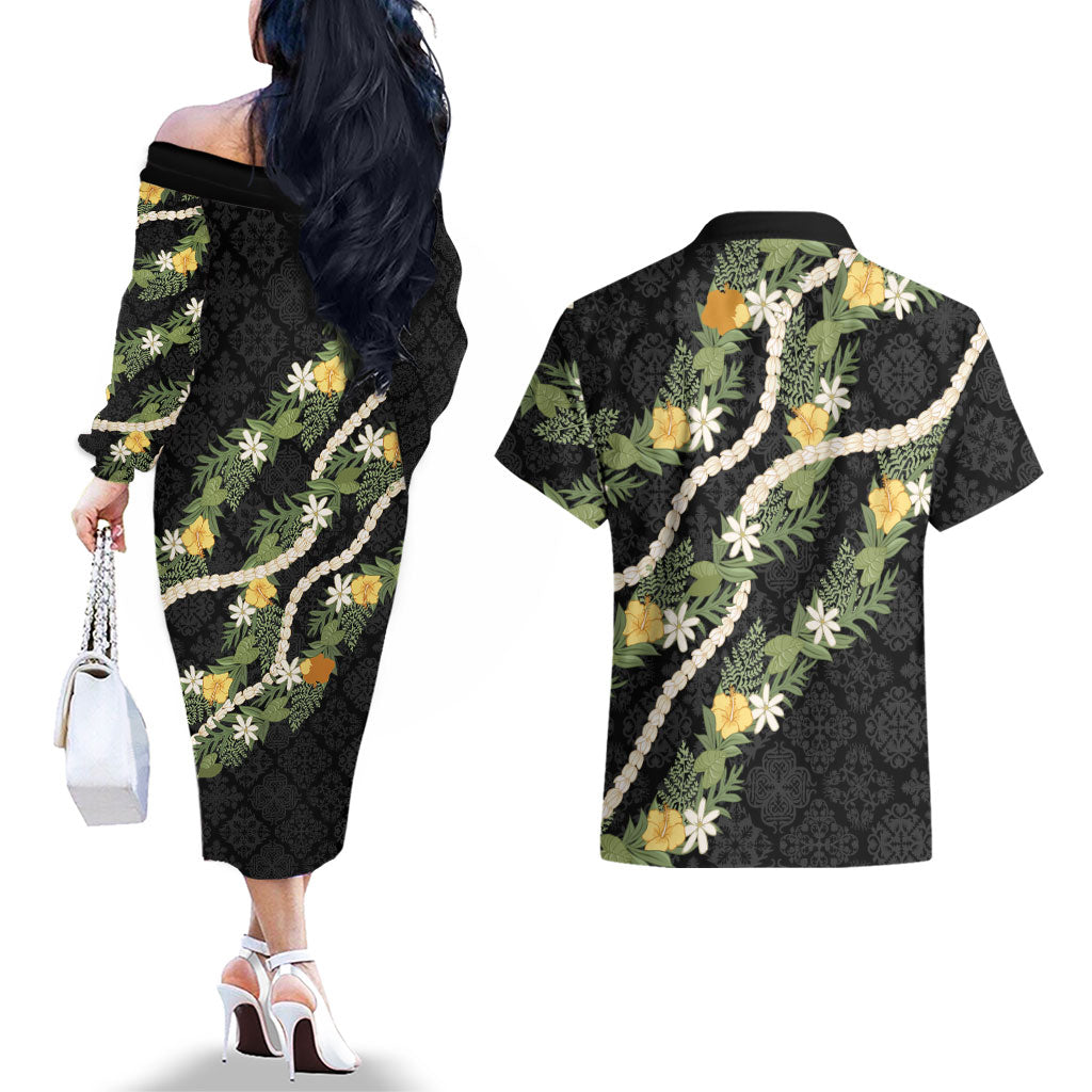 Puakenikeni Anthurium Pikake Lei Couples Matching Off The Shoulder Long Sleeve Dress and Hawaiian Shirt Hawaiian Quilt Pattern