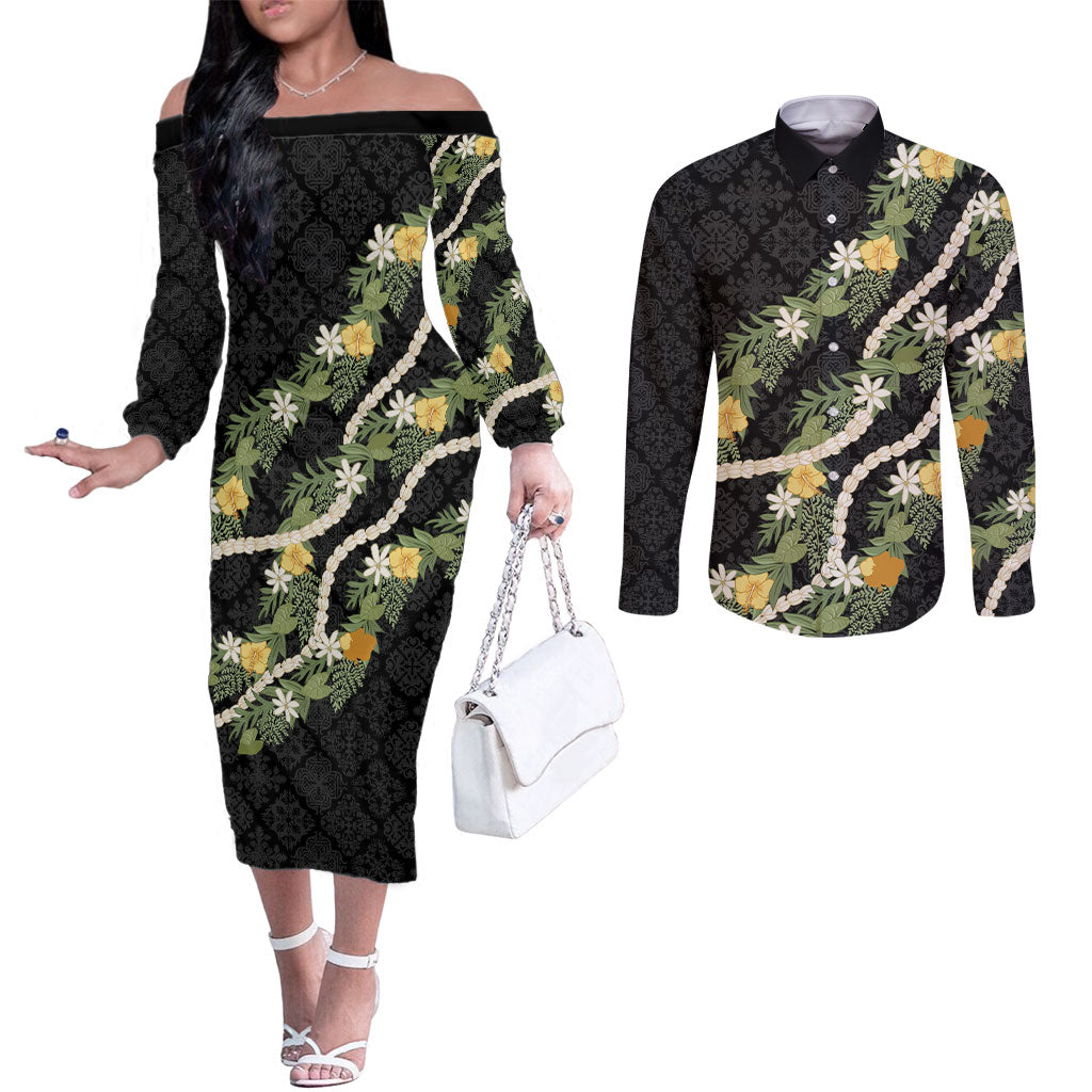 Puakenikeni Anthurium Pikake Lei Couples Matching Off The Shoulder Long Sleeve Dress and Long Sleeve Button Shirt Hawaiian Quilt Pattern