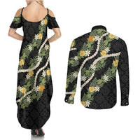 Puakenikeni Anthurium Pikake Lei Couples Matching Summer Maxi Dress and Long Sleeve Button Shirt Hawaiian Quilt Pattern