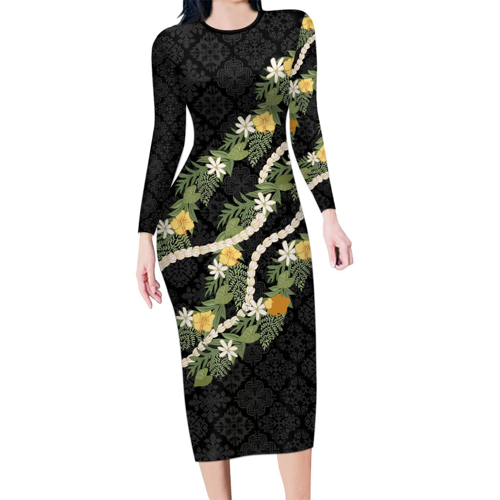 Puakenikeni Anthurium Pikake Lei Family Matching Long Sleeve Bodycon Dress and Hawaiian Shirt Hawaiian Quilt Pattern LT9 Mom's Dress Black - Polynesian Pride