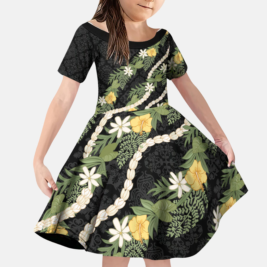 Puakenikeni Anthurium Pikake Lei Family Matching Mermaid Dress and Hawaiian Shirt Hawaiian Quilt Pattern LT9 Daughter's Dress Black - Polynesian Pride