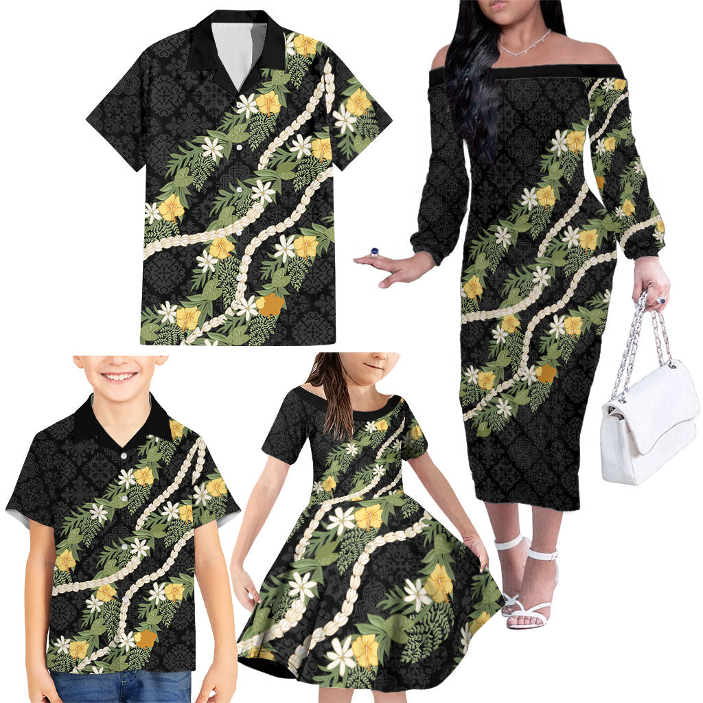 Puakenikeni Anthurium Pikake Lei Family Matching Off The Shoulder Long Sleeve Dress and Hawaiian Shirt Hawaiian Quilt Pattern LT9 - Polynesian Pride