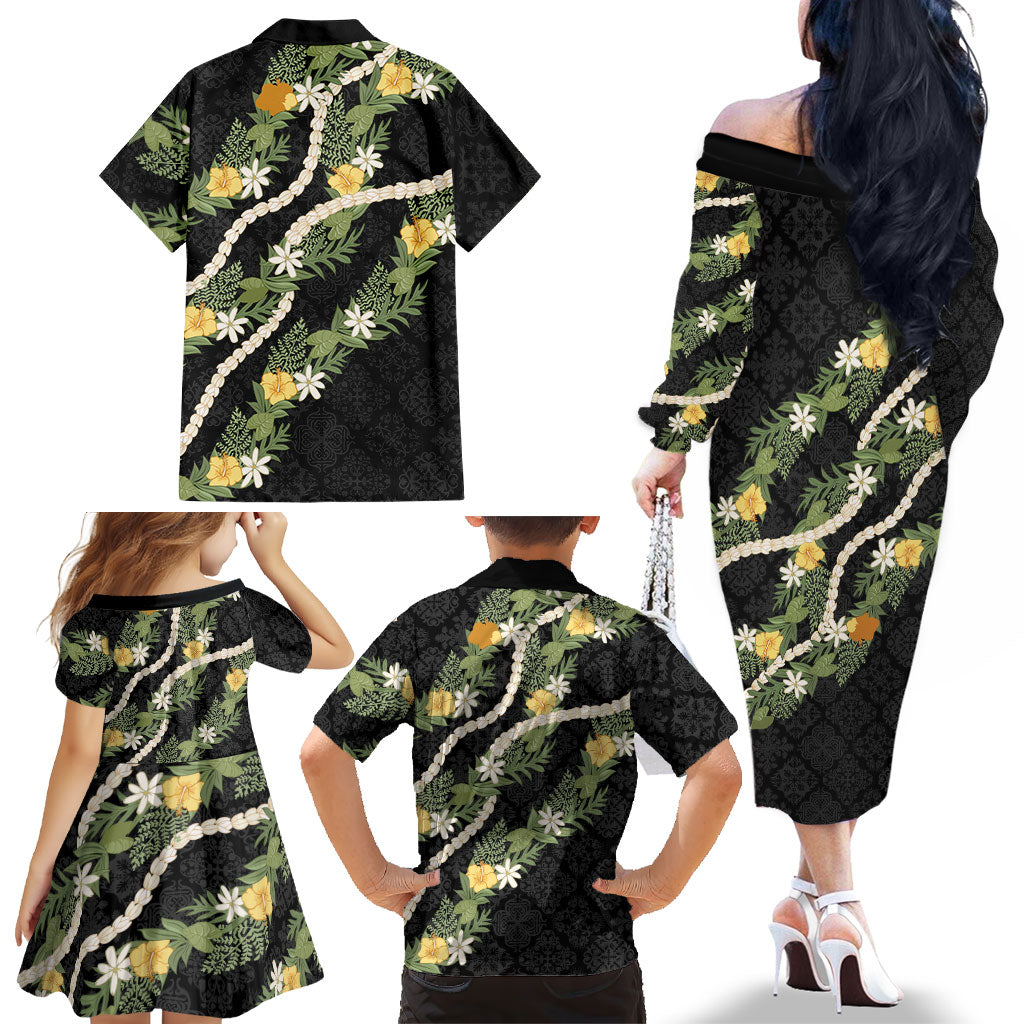 Puakenikeni Anthurium Pikake Lei Family Matching Off The Shoulder Long Sleeve Dress and Hawaiian Shirt Hawaiian Quilt Pattern LT9 - Polynesian Pride
