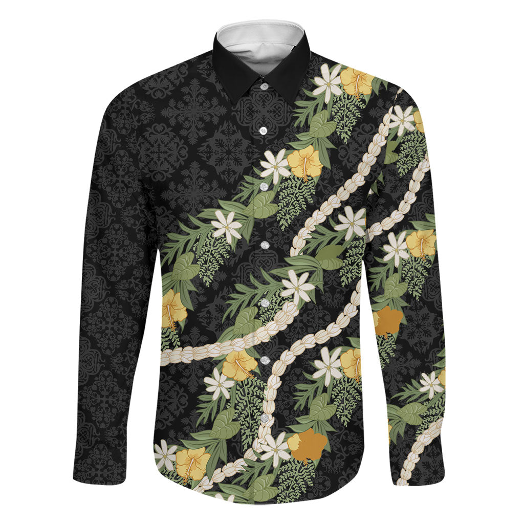 Puakenikeni Anthurium Pikake Lei Family Matching Off The Shoulder Long Sleeve Dress and Hawaiian Shirt Hawaiian Quilt Pattern LT9 Dad's Shirt - Long Sleeve Black - Polynesian Pride