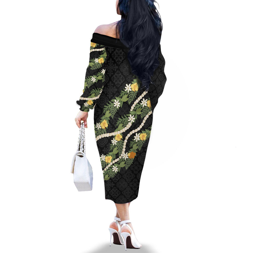 Puakenikeni Anthurium Pikake Lei Family Matching Off The Shoulder Long Sleeve Dress and Hawaiian Shirt Hawaiian Quilt Pattern LT9 - Polynesian Pride