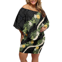 Puakenikeni Anthurium Pikake Lei Family Matching Off Shoulder Short Dress and Hawaiian Shirt Hawaiian Quilt Pattern LT9 Mom's Dress Black - Polynesian Pride