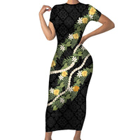 Puakenikeni Anthurium Pikake Lei Family Matching Short Sleeve Bodycon Dress and Hawaiian Shirt Hawaiian Quilt Pattern LT9 Mom's Dress Black - Polynesian Pride