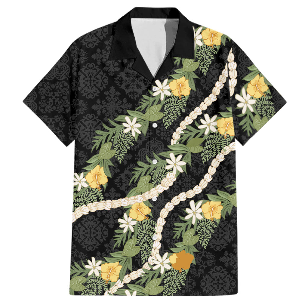 Puakenikeni Anthurium Pikake Lei Family Matching Summer Maxi Dress and Hawaiian Shirt Hawaiian Quilt Pattern LT9 Dad's Shirt - Short Sleeve Black - Polynesian Pride