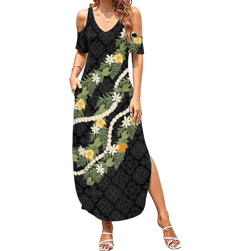 Puakenikeni Anthurium Pikake Lei Family Matching Summer Maxi Dress and Hawaiian Shirt Hawaiian Quilt Pattern LT9 Mom's Dress Black - Polynesian Pride