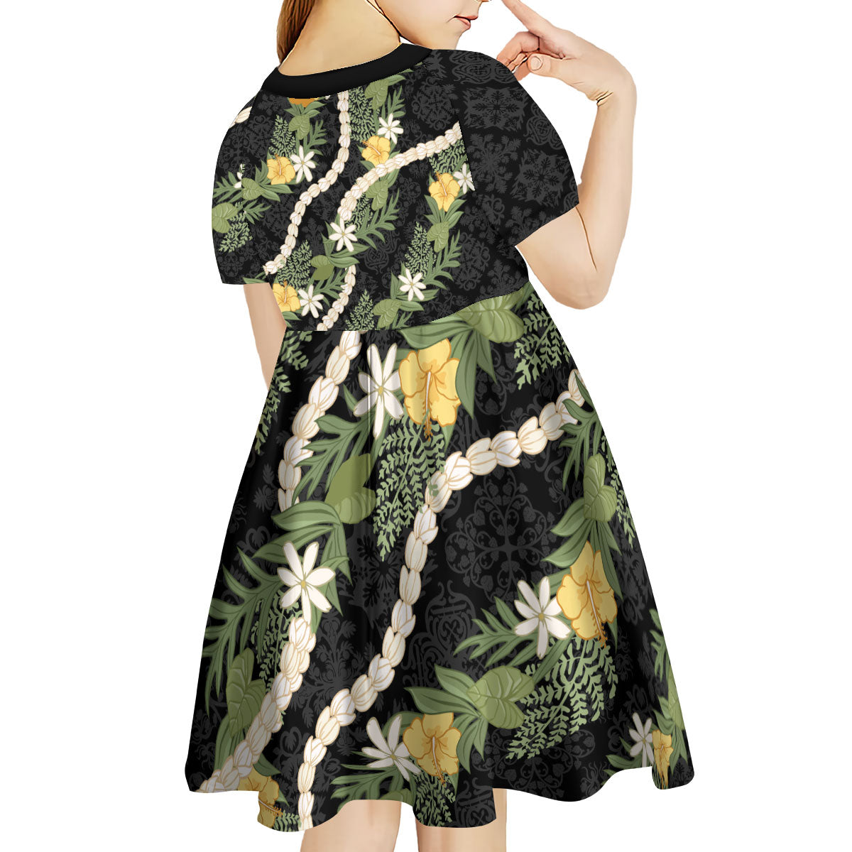 Puakenikeni Anthurium Pikake Lei Kid Short Sleeve Dress Hawaiian Quilt Pattern LT9 - Polynesian Pride