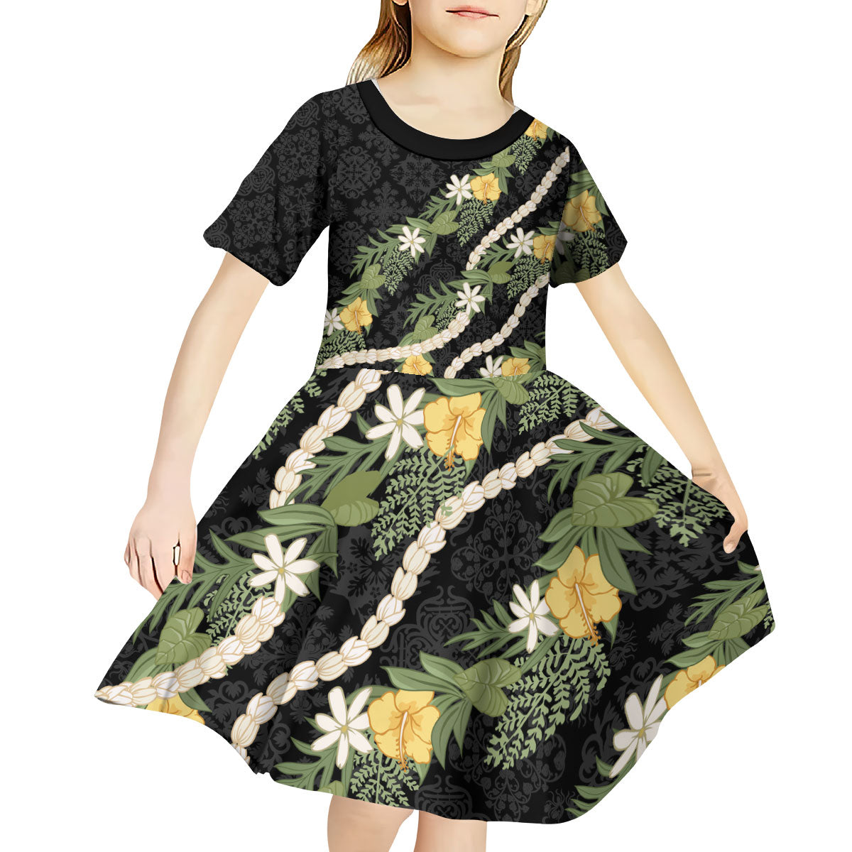 Puakenikeni Anthurium Pikake Lei Kid Short Sleeve Dress Hawaiian Quilt Pattern LT9 - Polynesian Pride
