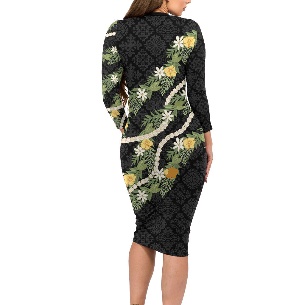 Puakenikeni Anthurium Pikake Lei Long Sleeve Bodycon Dress Hawaiian Quilt Pattern LT9 - Polynesian Pride