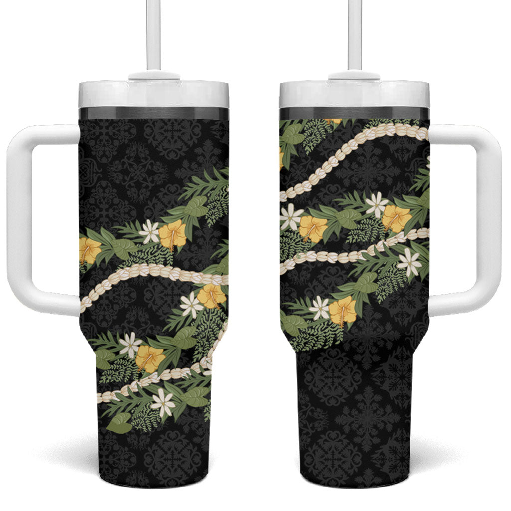 Puakenikeni Anthurium Pikake Lei Tumbler With Handle Hawaiian Quilt Pattern