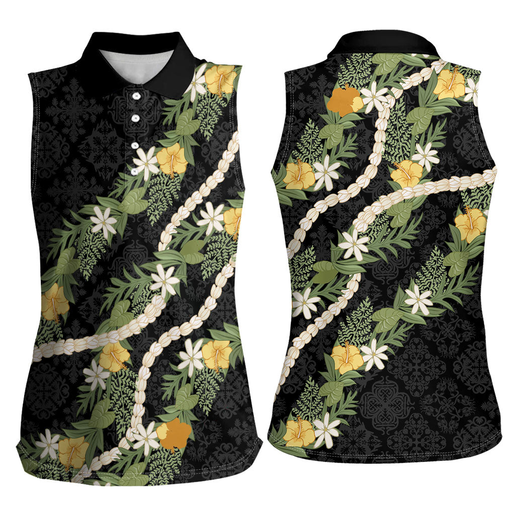 Puakenikeni Anthurium Pikake Lei Women Sleeveless Polo Shirt Hawaiian Quilt Pattern