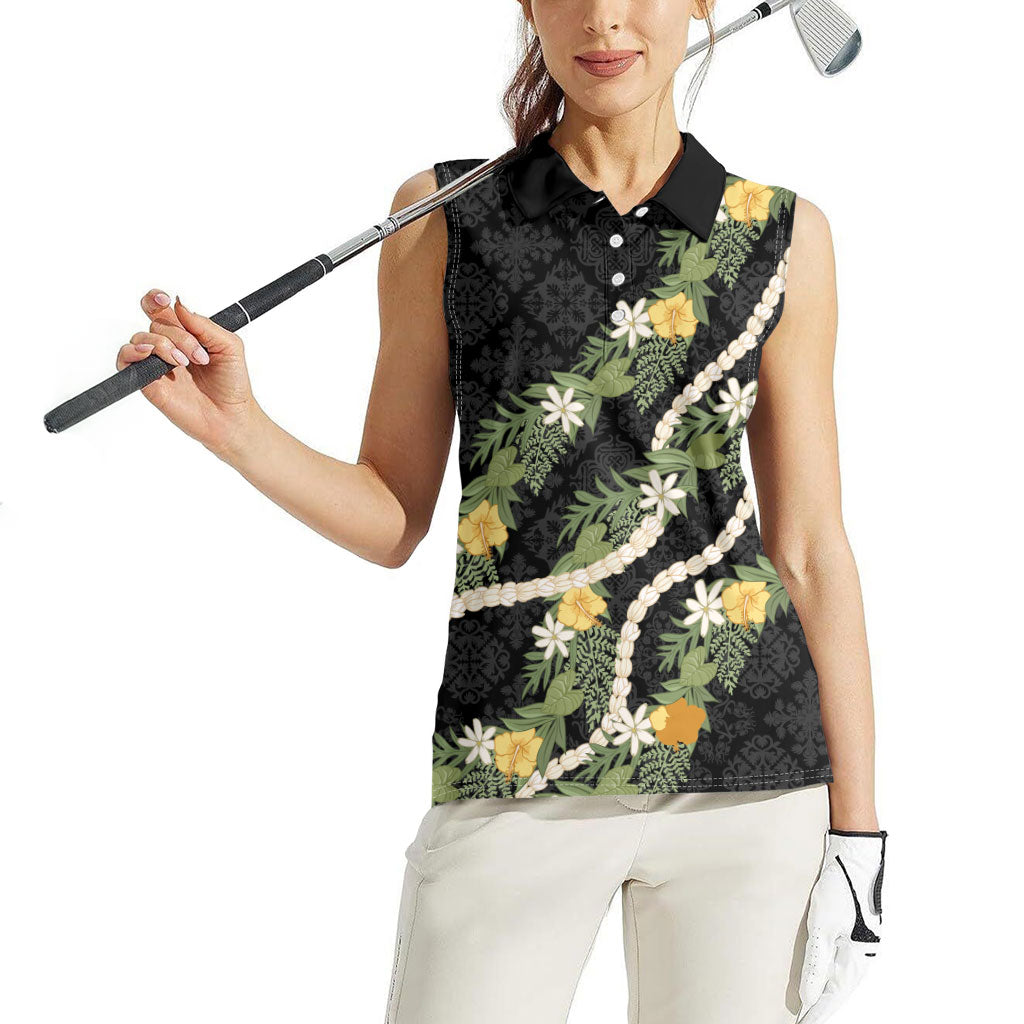 Puakenikeni Anthurium Pikake Lei Women Sleeveless Polo Shirt Hawaiian Quilt Pattern