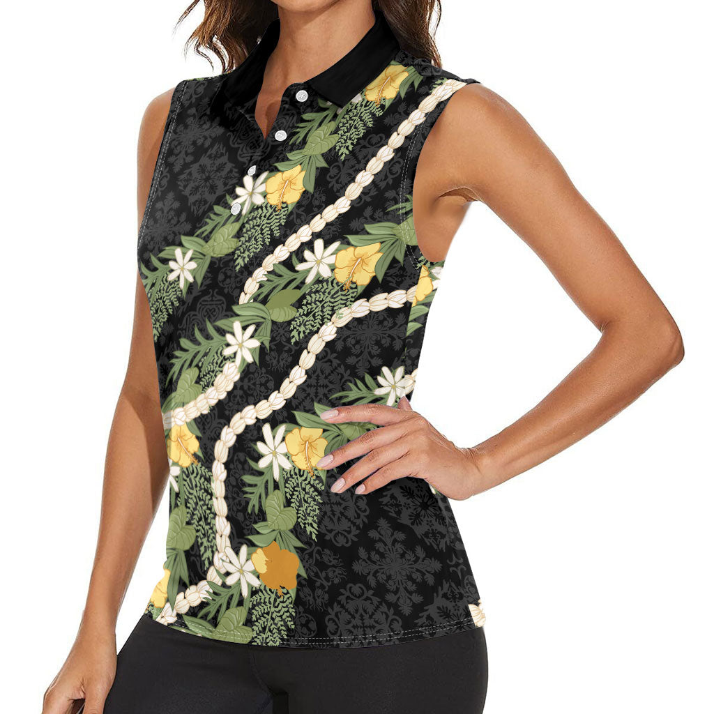 Puakenikeni Anthurium Pikake Lei Women Sleeveless Polo Shirt Hawaiian Quilt Pattern