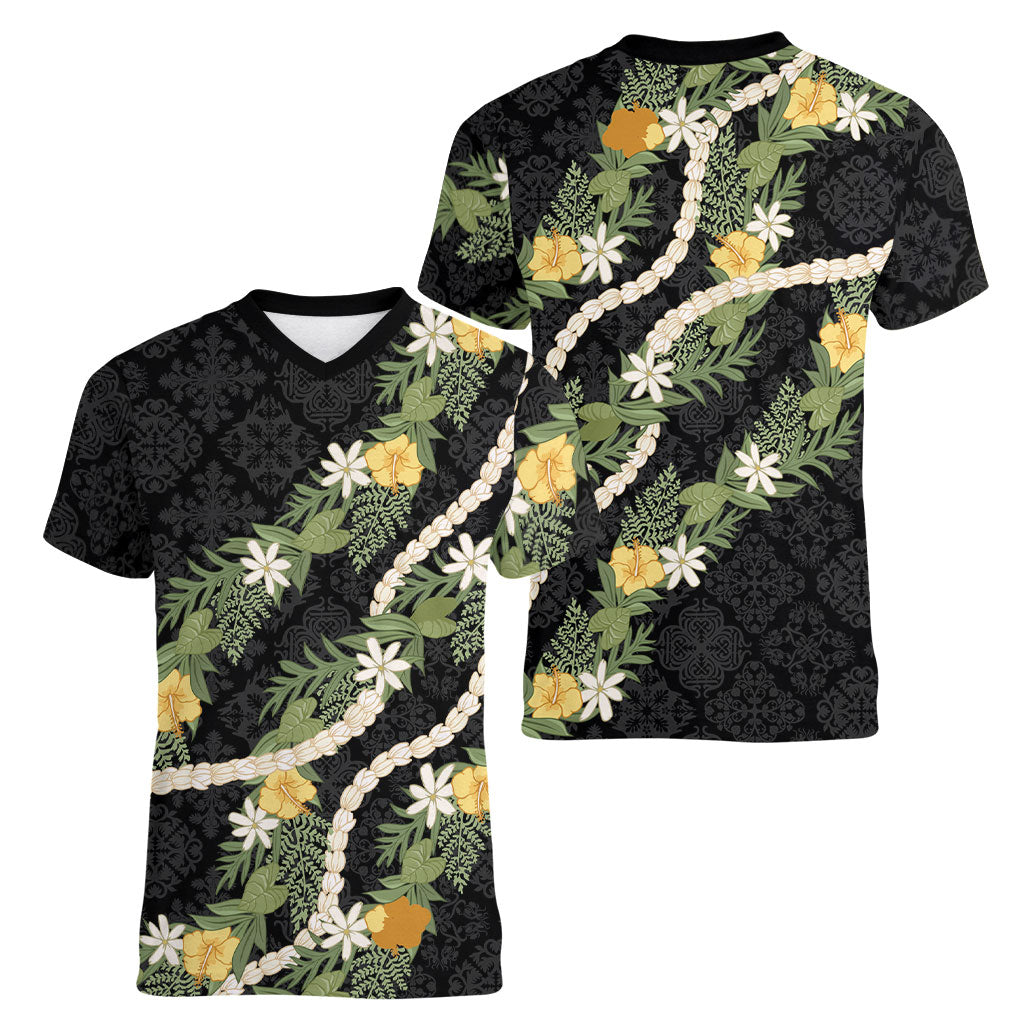 Puakenikeni Anthurium Pikake Lei Women V-Neck T-Shirt Hawaiian Quilt Pattern