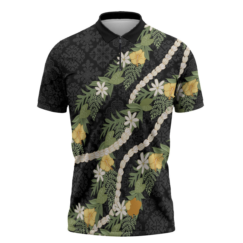 Puakenikeni Anthurium Pikake Lei Zipper Polo Shirt Hawaiian Quilt Pattern LT9 Black - Polynesian Pride