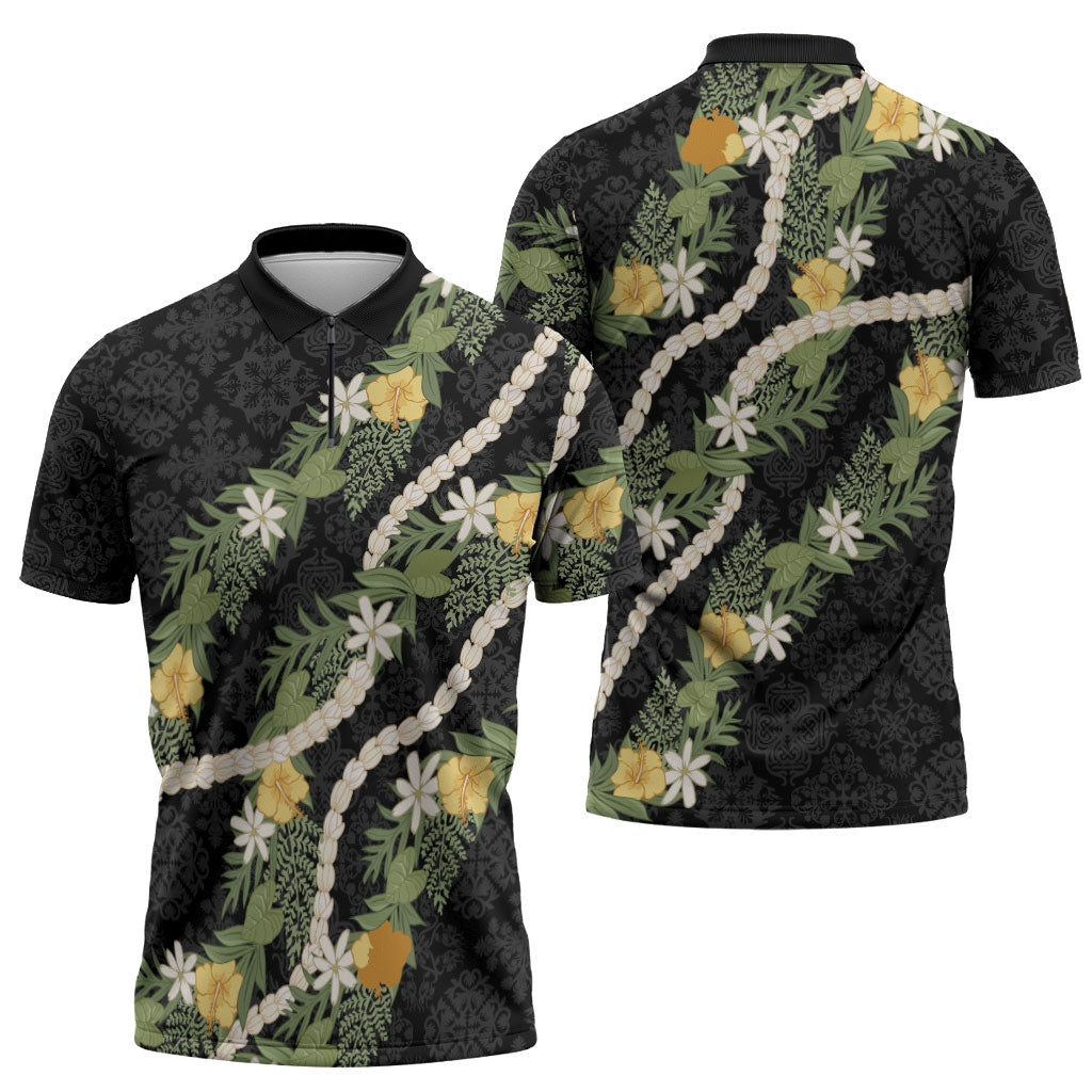 Puakenikeni Anthurium Pikake Lei Zipper Polo Shirt Hawaiian Quilt Pattern LT9 - Polynesian Pride