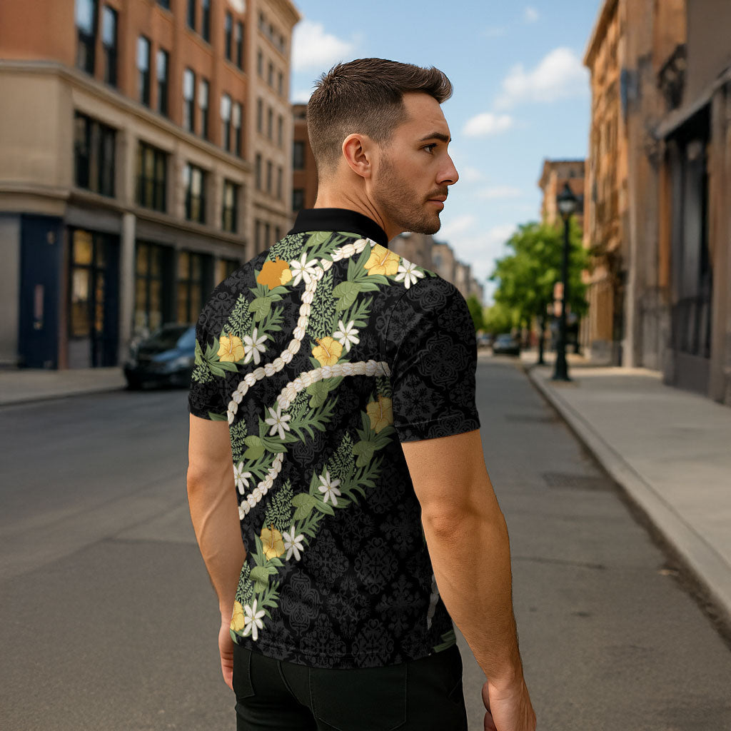 Puakenikeni Anthurium Pikake Lei Zipper Polo Shirt Hawaiian Quilt Pattern LT9 - Polynesian Pride