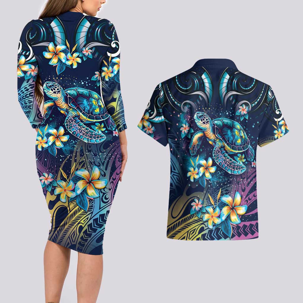 Plumeria Turtles Traditional Tribal Couples Matching Long Sleeve Bodycon Dress and Hawaiian Shirt LT9 - Polynesian Pride