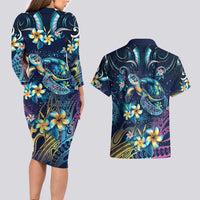 Plumeria Turtles Traditional Tribal Couples Matching Long Sleeve Bodycon Dress and Hawaiian Shirt LT9 - Polynesian Pride