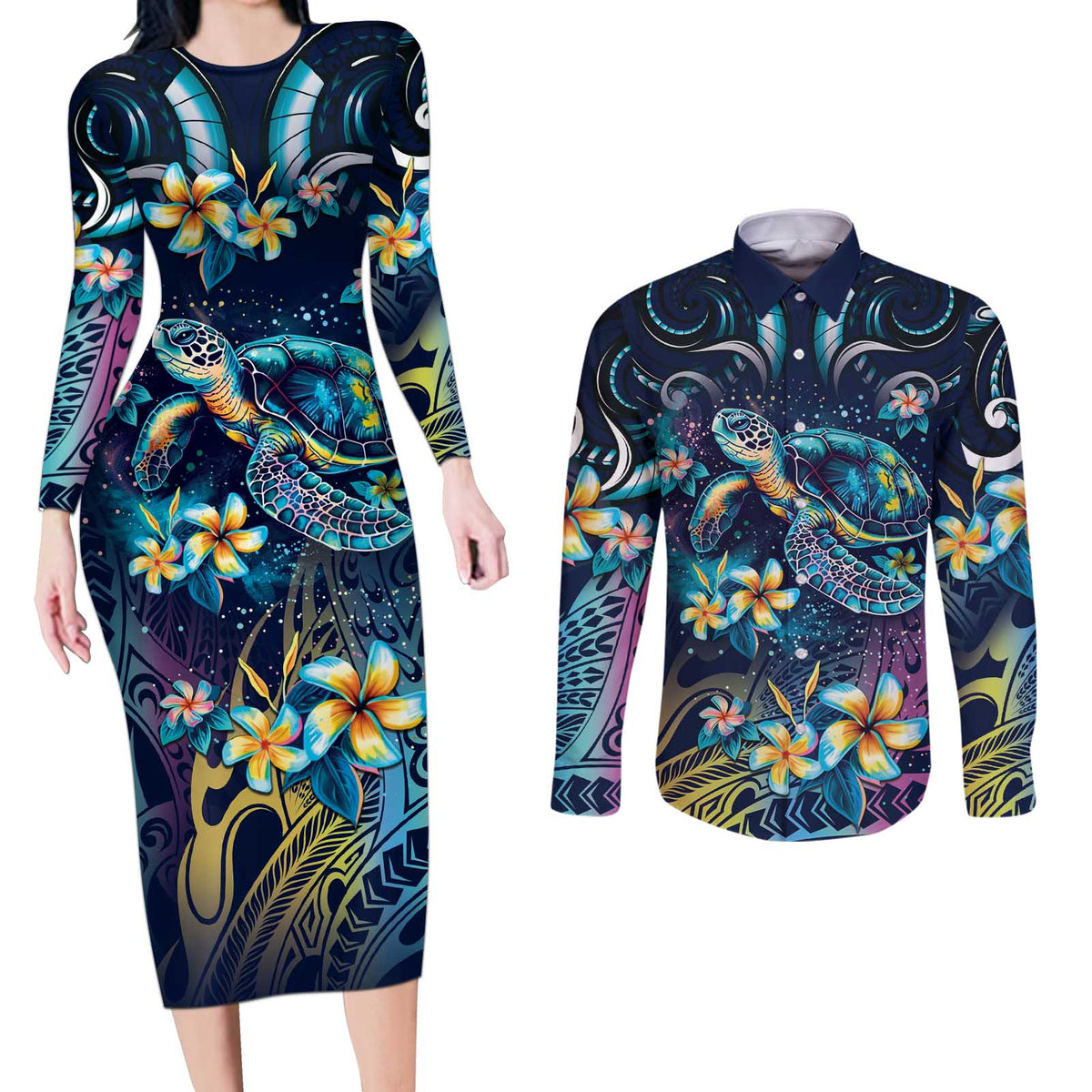 Plumeria Turtles Traditional Tribal Couples Matching Long Sleeve Bodycon Dress and Long Sleeve Button Shirt