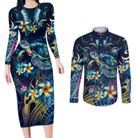 Plumeria Turtles Traditional Tribal Couples Matching Long Sleeve Bodycon Dress and Long Sleeve Button Shirt
