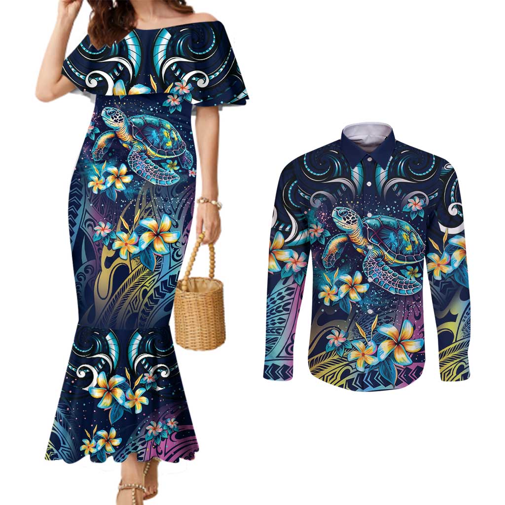 Plumeria Turtles Traditional Tribal Couples Matching Mermaid Dress and Long Sleeve Button Shirt