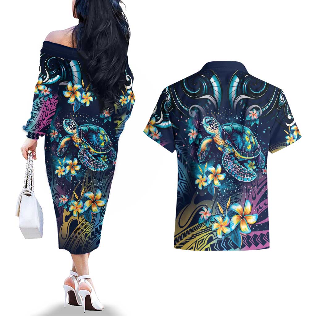 Plumeria Turtles Traditional Tribal Couples Matching Off The Shoulder Long Sleeve Dress and Hawaiian Shirt LT9 - Polynesian Pride