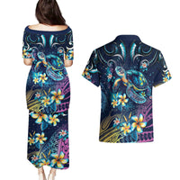 Plumeria Turtles Traditional Tribal Couples Matching Puletasi and Hawaiian Shirt
