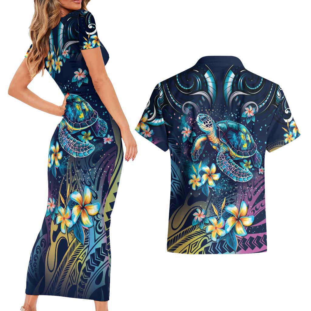 Plumeria Turtles Traditional Tribal Couples Matching Short Sleeve Bodycon Dress and Hawaiian Shirt LT9 - Polynesian Pride