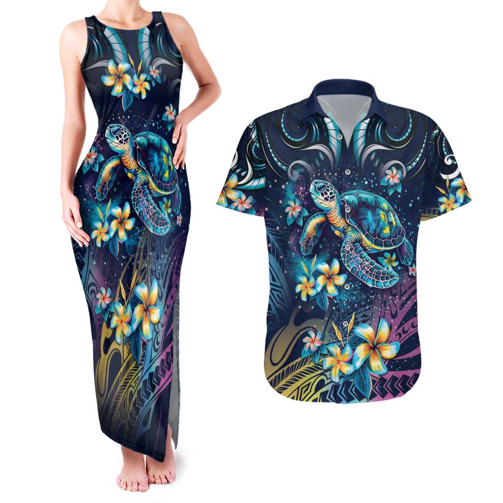 Plumeria Turtles Traditional Tribal Couples Matching Tank Maxi Dress and Hawaiian Shirt