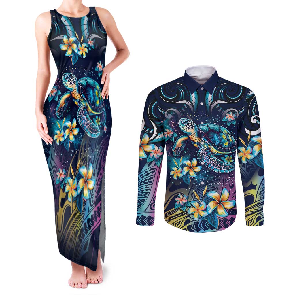 Plumeria Turtles Traditional Tribal Couples Matching Tank Maxi Dress and Long Sleeve Button Shirt