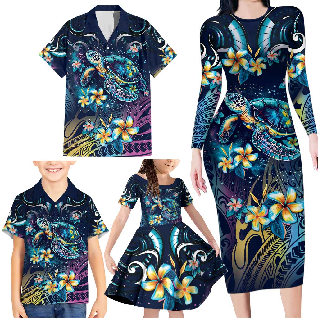 Plumeria Turtles Traditional Tribal Family Matching Long Sleeve Bodycon Dress and Hawaiian Shirt LT9 - Polynesian Pride