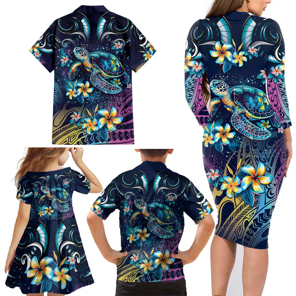 Plumeria Turtles Traditional Tribal Family Matching Long Sleeve Bodycon Dress and Hawaiian Shirt LT9 - Polynesian Pride