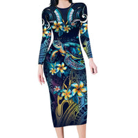 Plumeria Turtles Traditional Tribal Family Matching Long Sleeve Bodycon Dress and Hawaiian Shirt LT9 Mom's Dress Black - Polynesian Pride