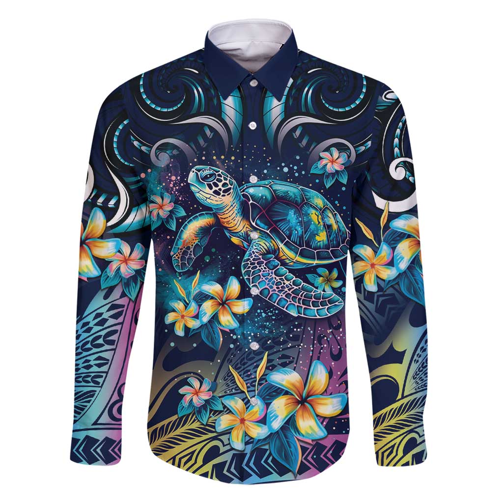 Plumeria Turtles Traditional Tribal Family Matching Mermaid Dress and Hawaiian Shirt LT9 Dad's Shirt - Long Sleeve Black - Polynesian Pride