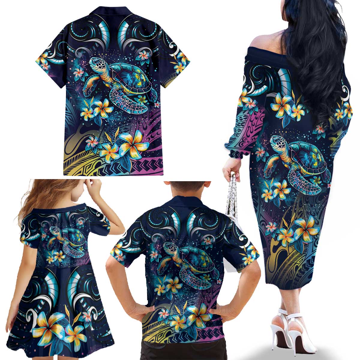 Plumeria Turtles Traditional Tribal Family Matching Off The Shoulder Long Sleeve Dress and Hawaiian Shirt LT9 - Polynesian Pride