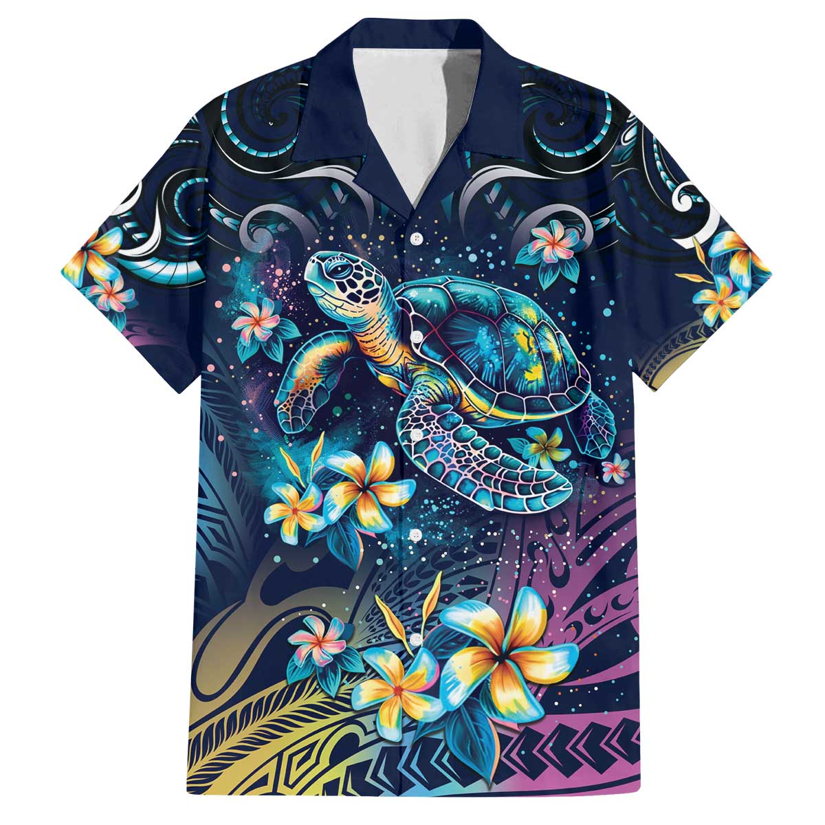 Plumeria Turtles Traditional Tribal Family Matching Off The Shoulder Long Sleeve Dress and Hawaiian Shirt LT9 Dad's Shirt - Short Sleeve Black - Polynesian Pride